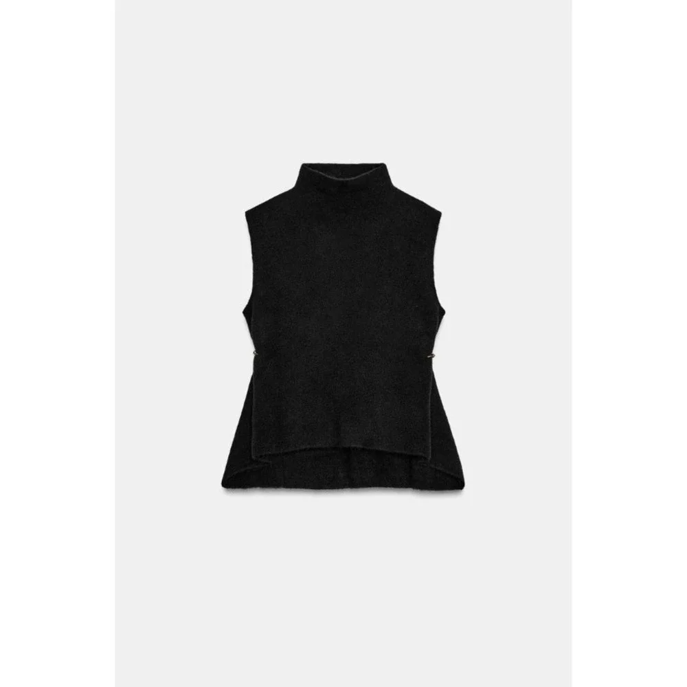 NWT Zara High Neck Sleeveless Asymmetric Hem Knit Top Open Side Appliques L - Picture 4 of 12
